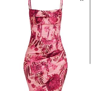 Pink Abstract Floral Print Corset Style Asymmetric Hem Midi Dress